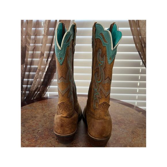 Justin Sevana Tan Western Cowboy Turquoise Brown Leather Boots - Picture 3 of 9